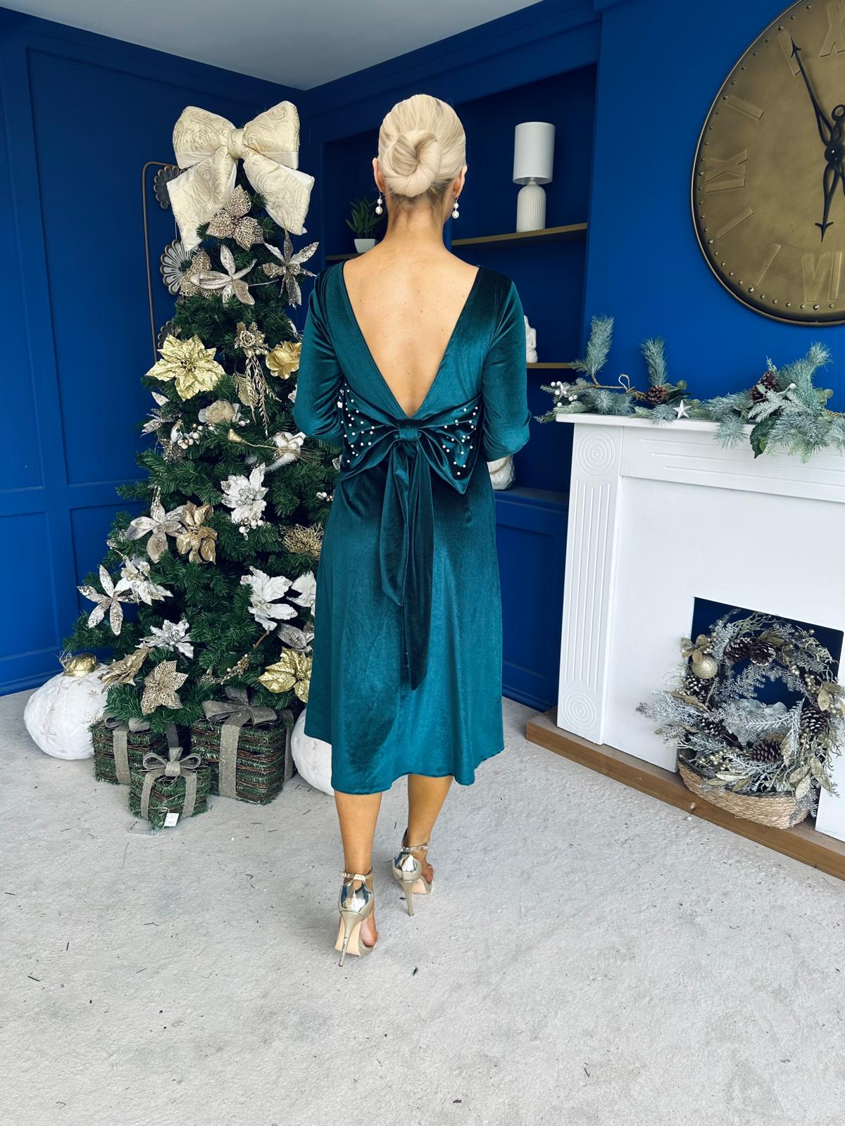 Taylor Pearl & Bow Detail Midi Dress Forest