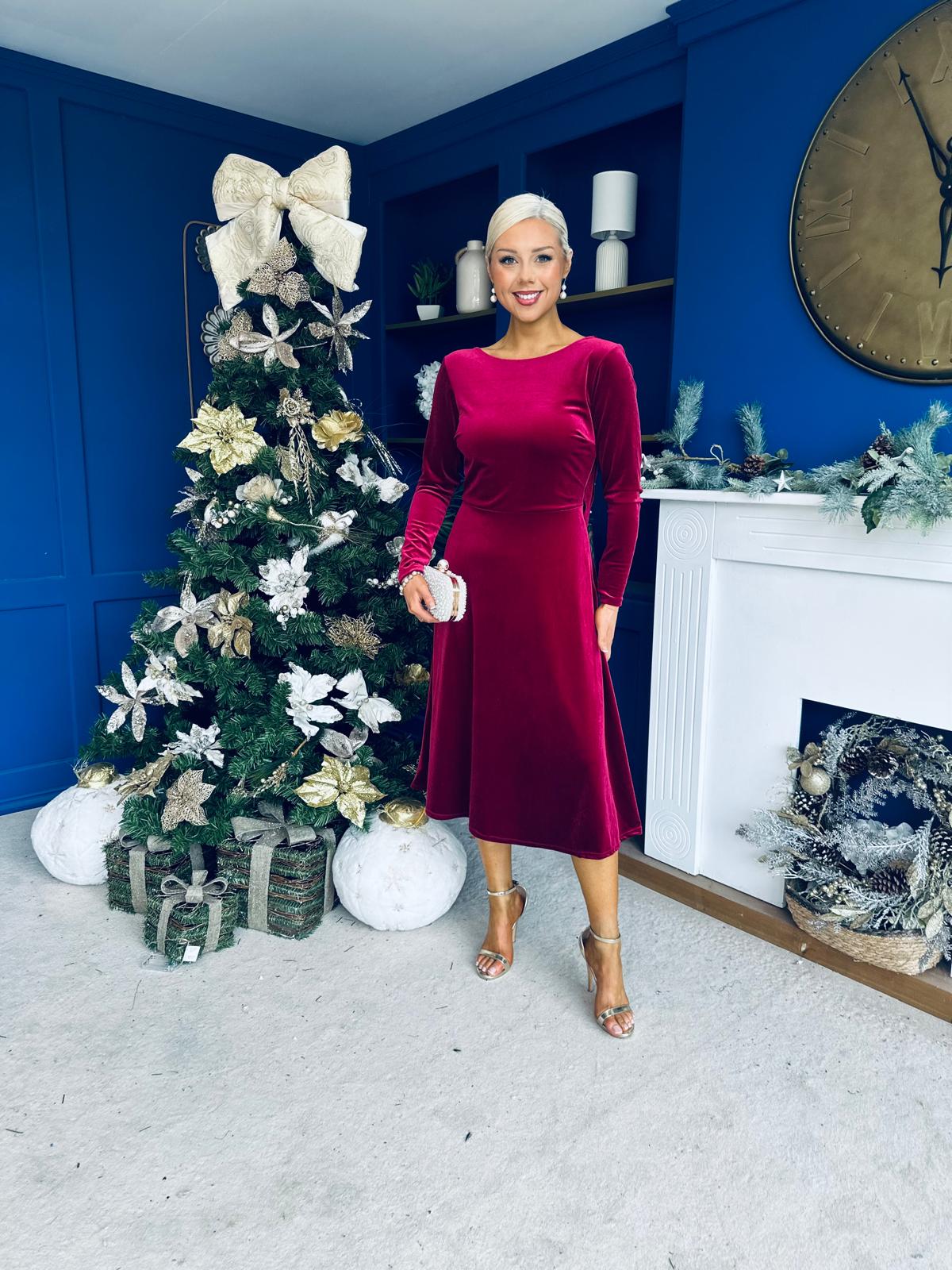 Taylor Pearl & Bow Detail Midi Dress Wine