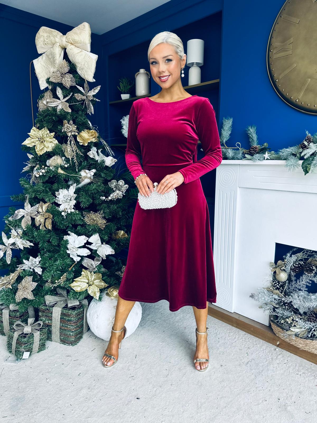 Taylor Pearl & Bow Detail Midi Dress Wine