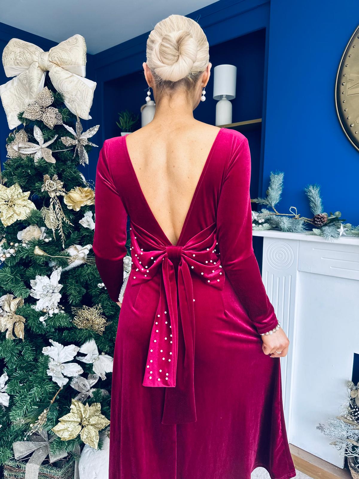 Taylor Pearl & Bow Detail Midi Dress Wine
