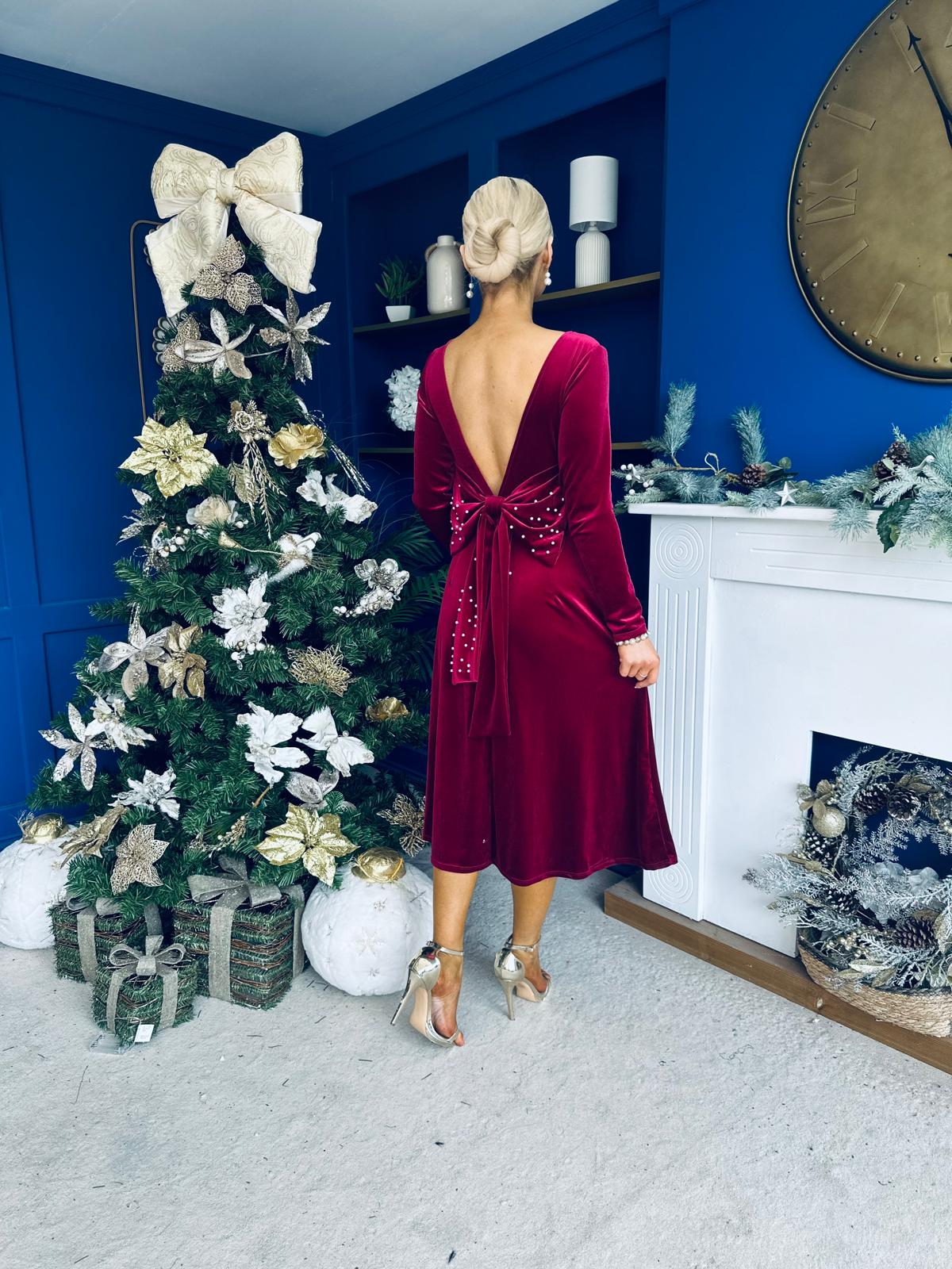 Taylor Pearl & Bow Detail Midi Dress Wine