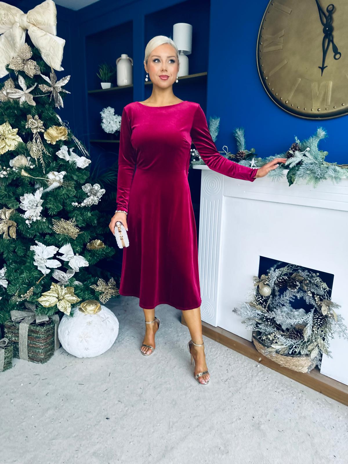 Taylor Pearl & Bow Detail Midi Dress Wine