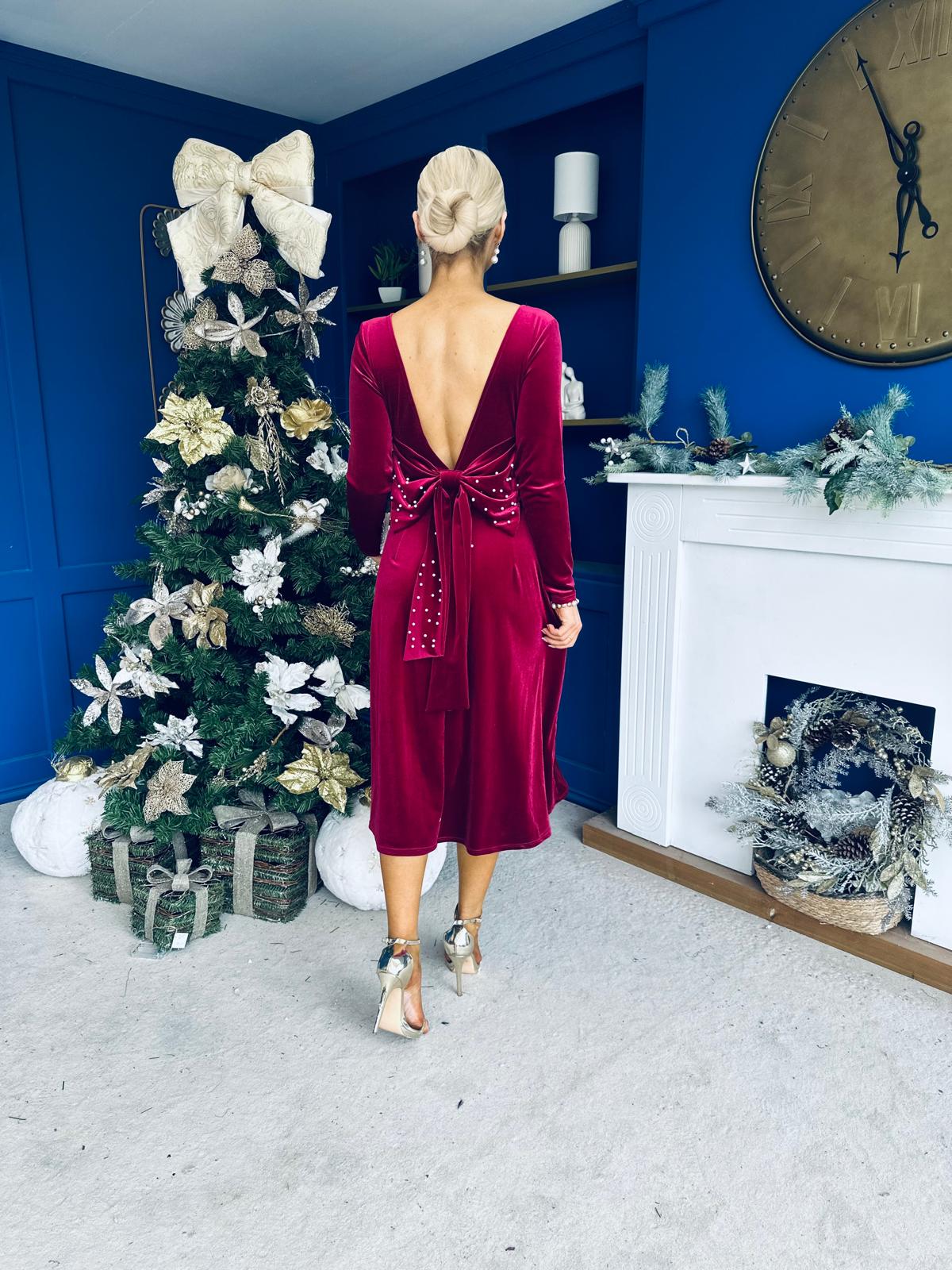 Taylor Pearl & Bow Detail Midi Dress Wine
