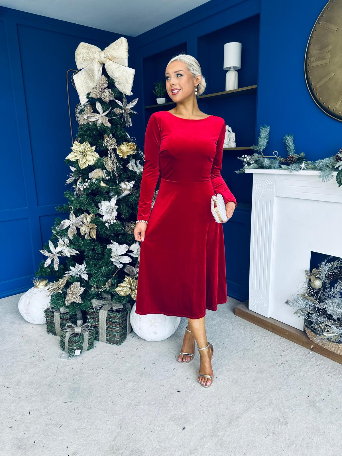 Taylor Pearl & Bow Detail Midi Dress Red