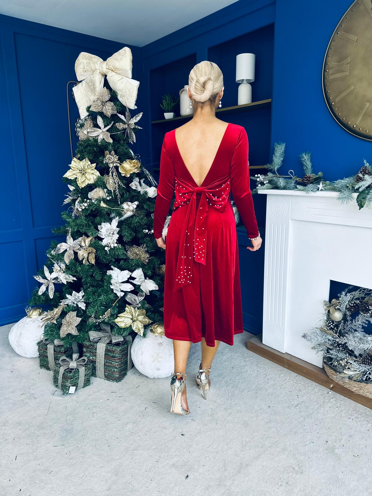 Taylor Pearl & Bow Detail Midi Dress Red