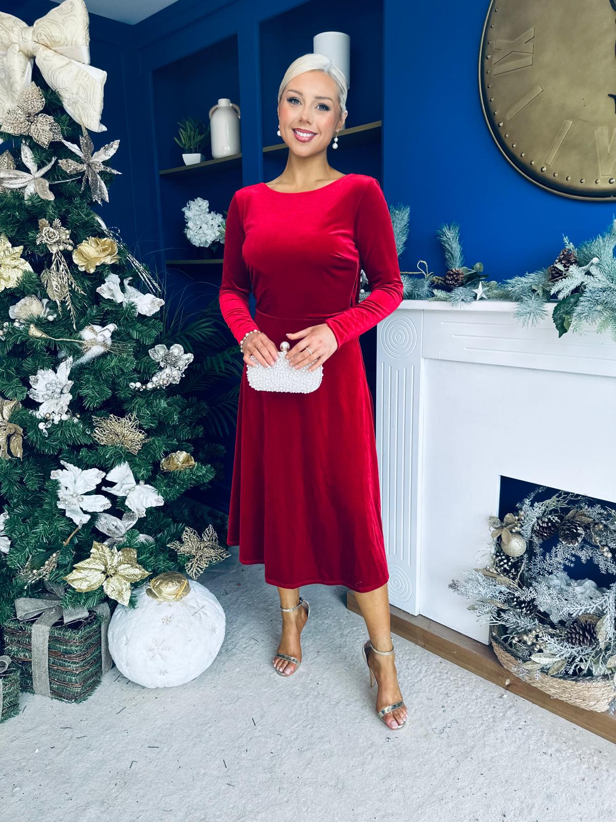 Taylor Pearl & Bow Detail Midi Dress Red