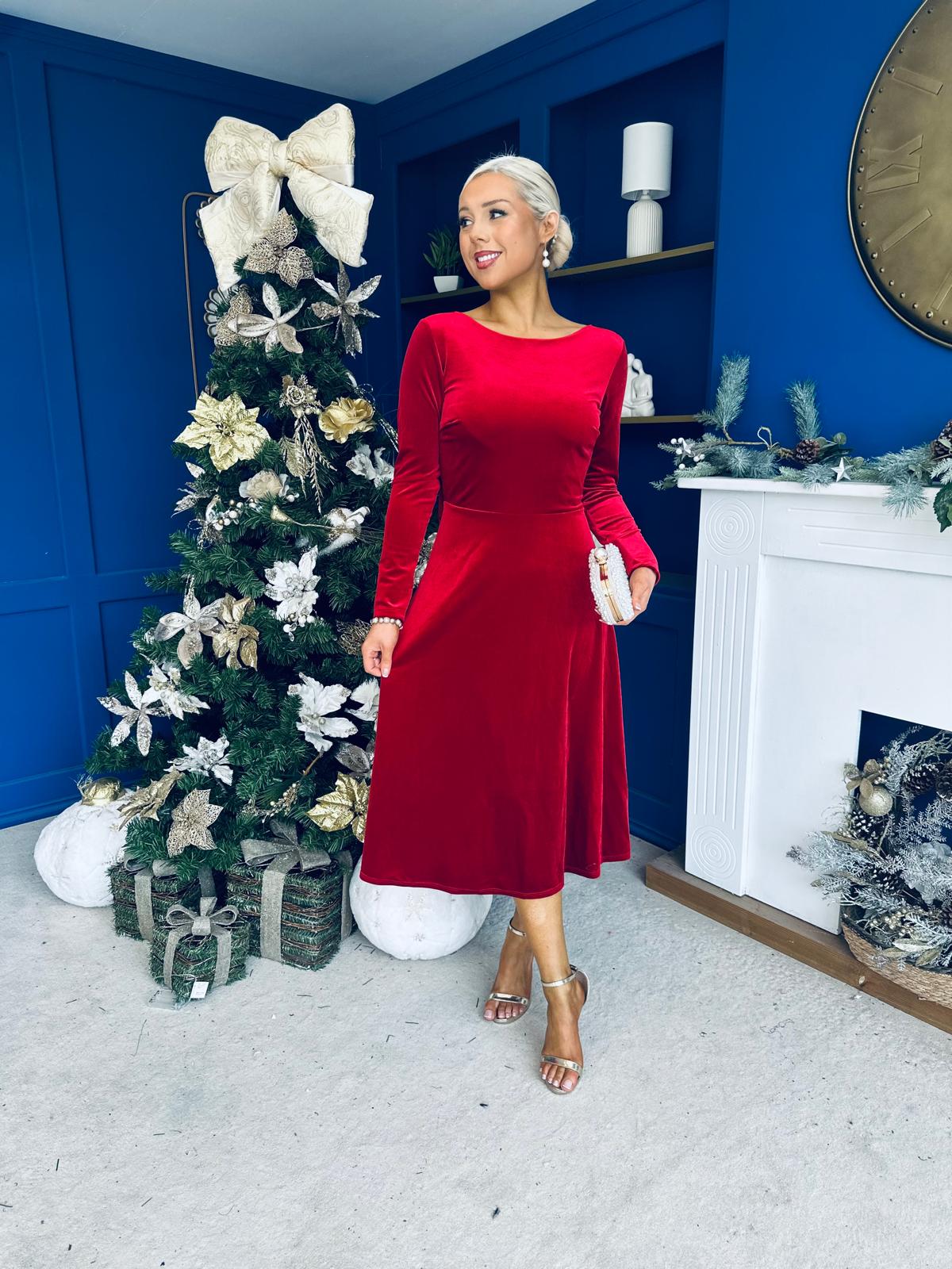 Taylor Pearl & Bow Detail Midi Dress Red