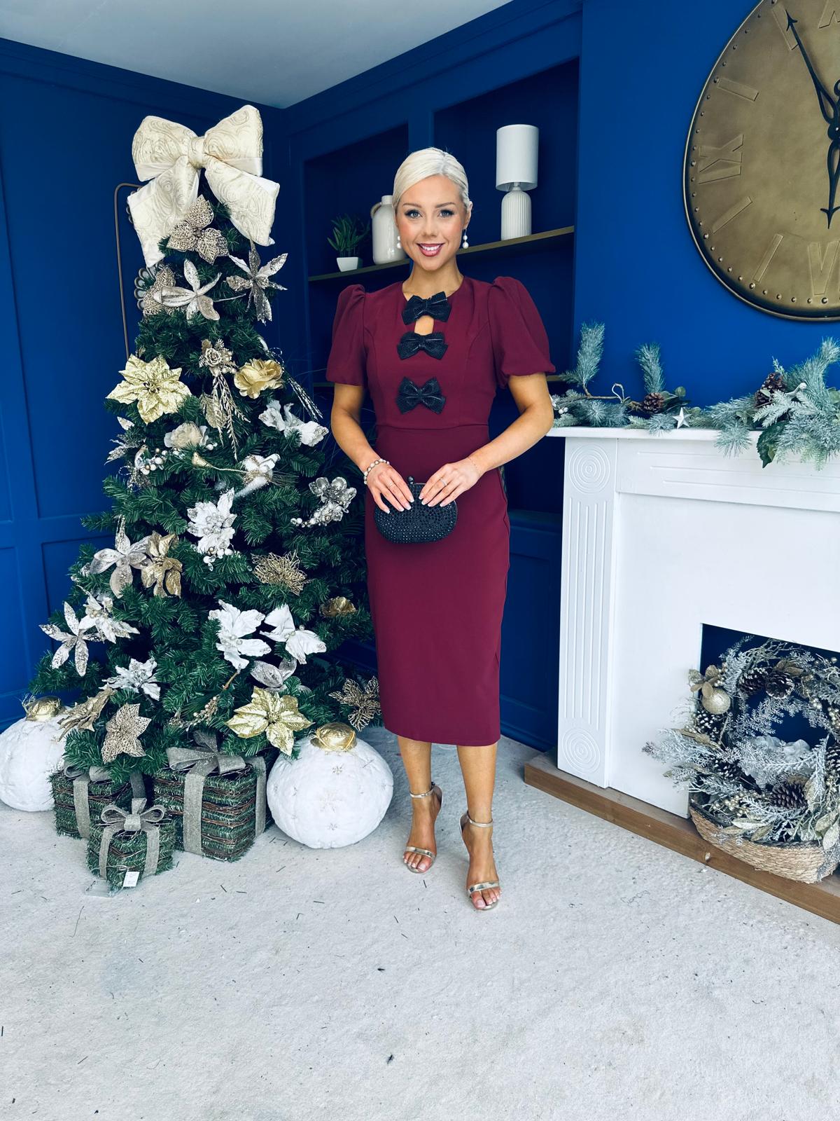 Emma Cut Out Bow Midi Dress Wine