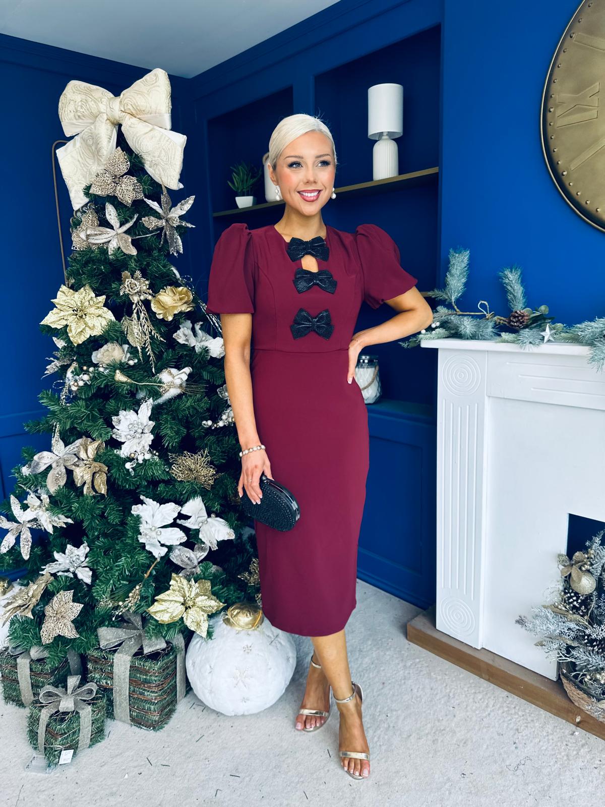 Emma Cut Out Bow Midi Dress Wine