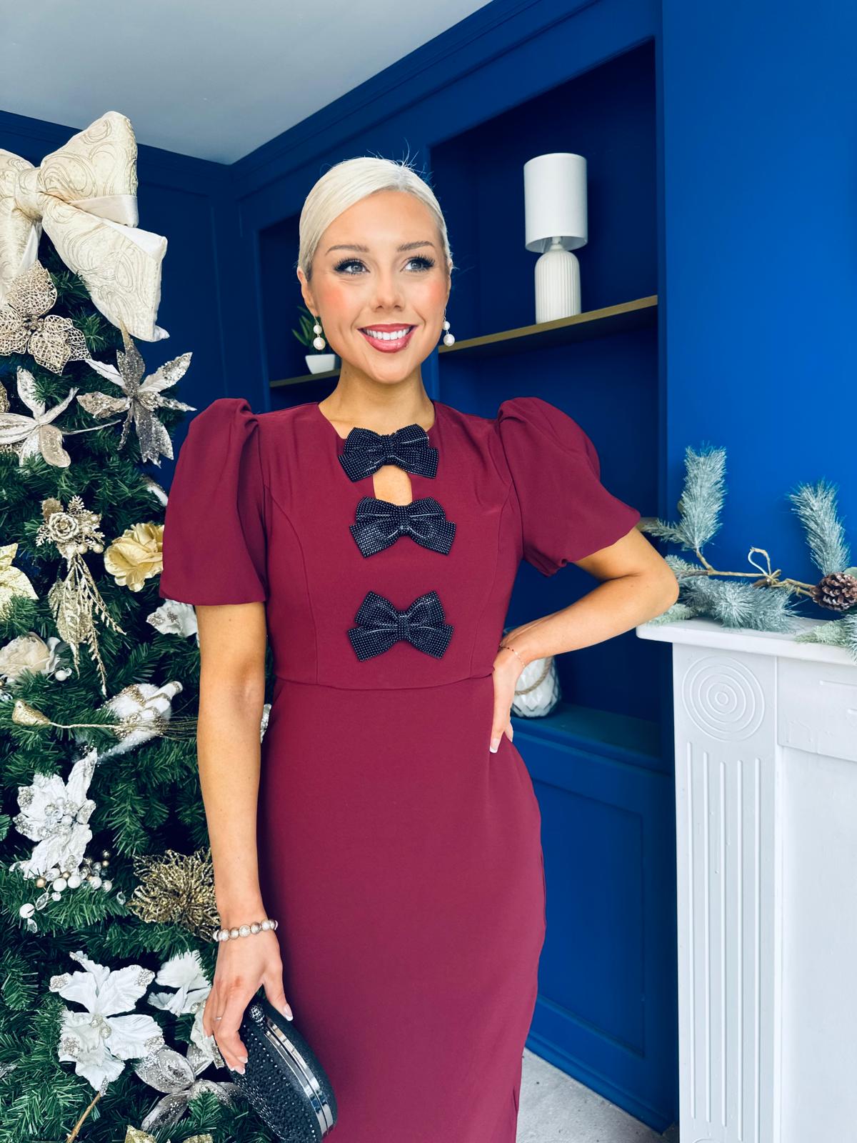 Emma Cut Out Bow Midi Dress Wine