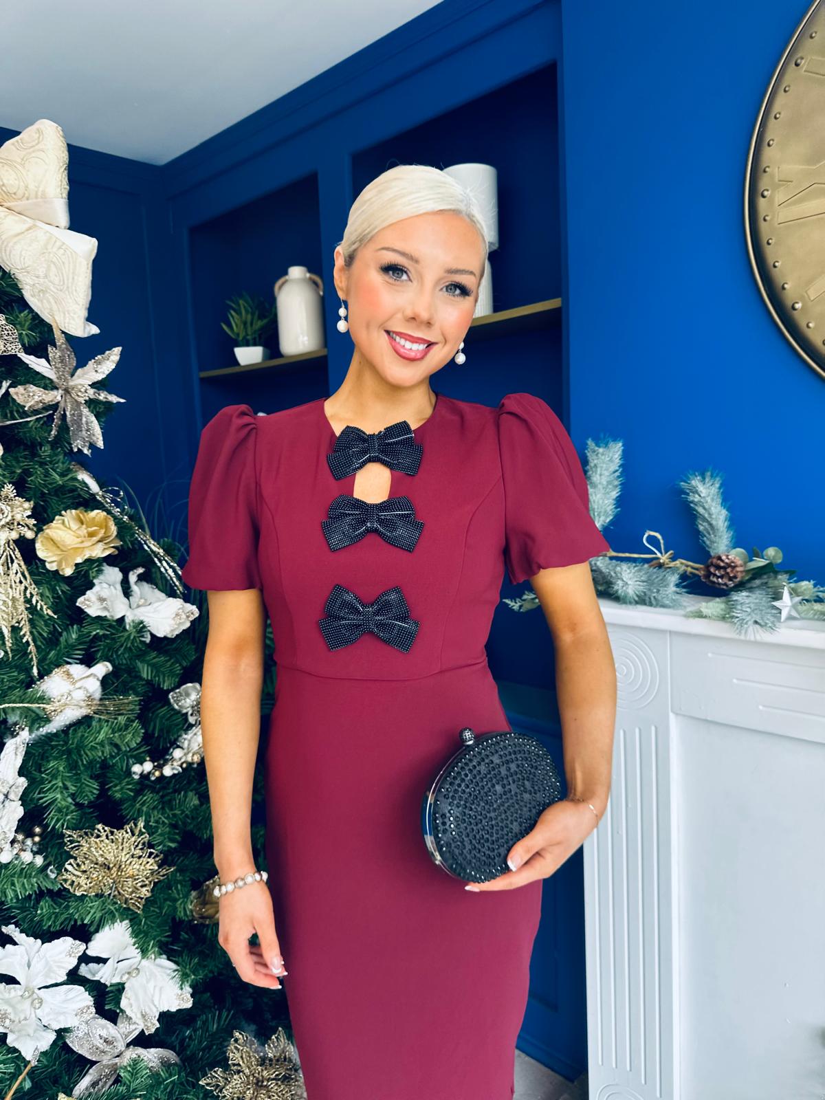 Emma Cut Out Bow Midi Dress Wine