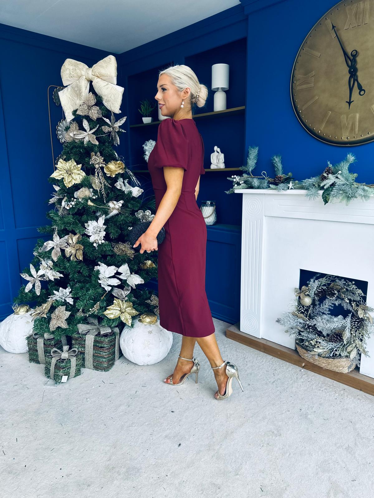 Emma Cut Out Bow Midi Dress Wine