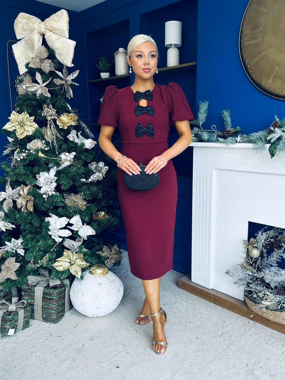 Emma Cut Out Bow Midi Dress Wine