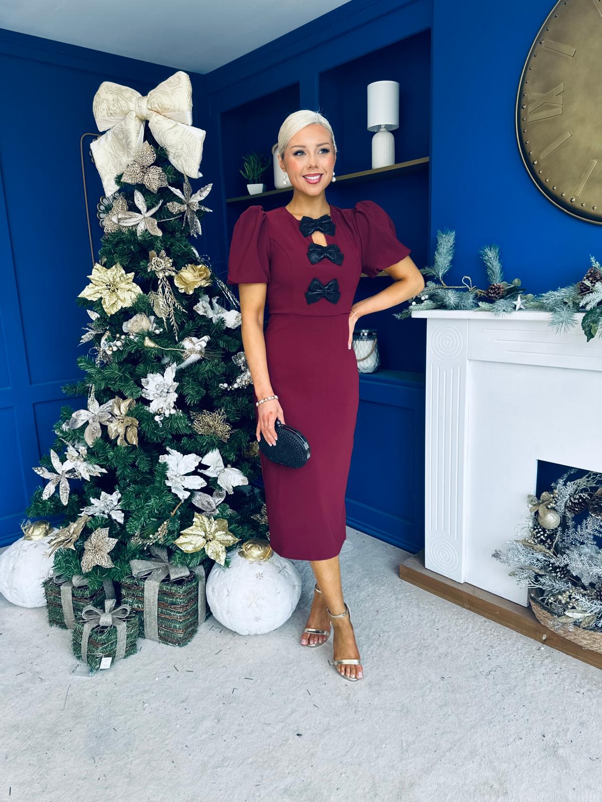 Emma Cut Out Bow Midi Dress Wine