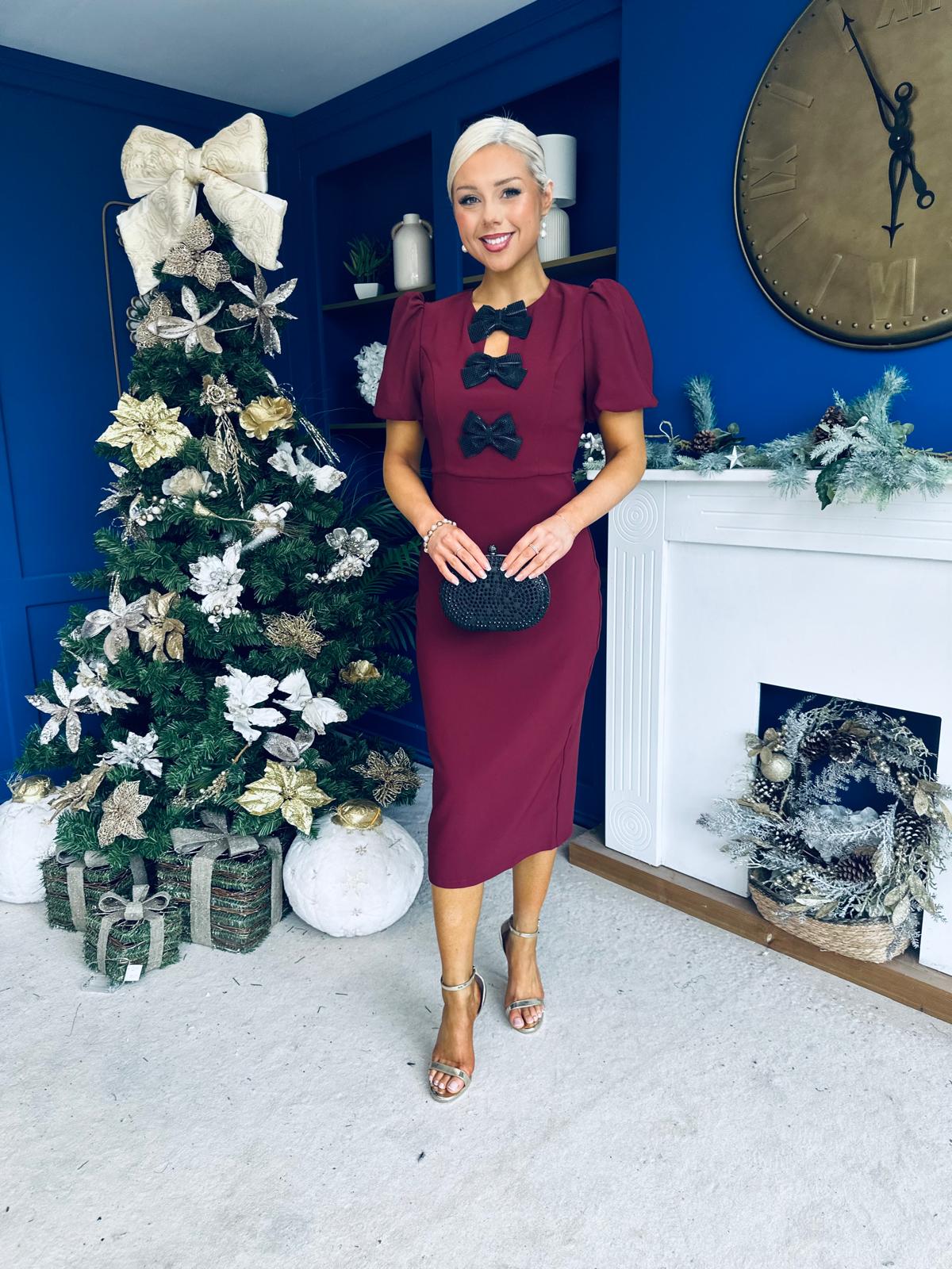 Emma Cut Out Bow Midi Dress Wine