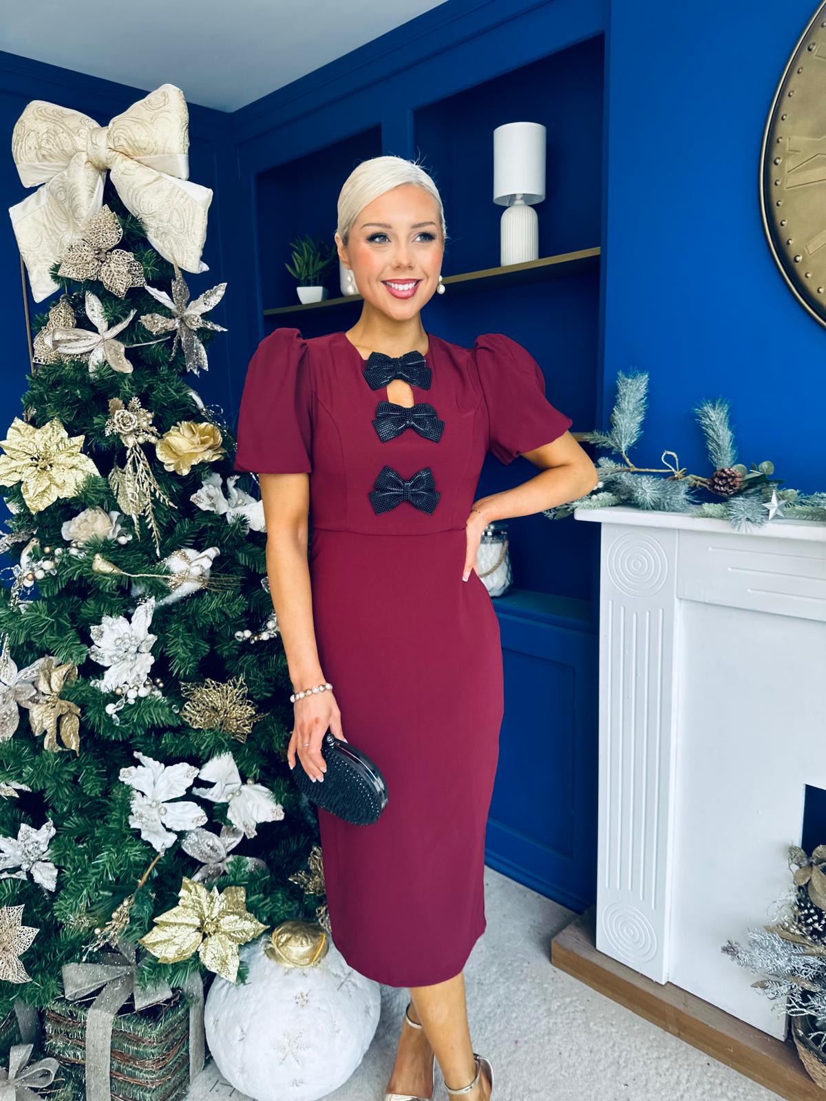 Emma Cut Out Bow Midi Dress Wine
