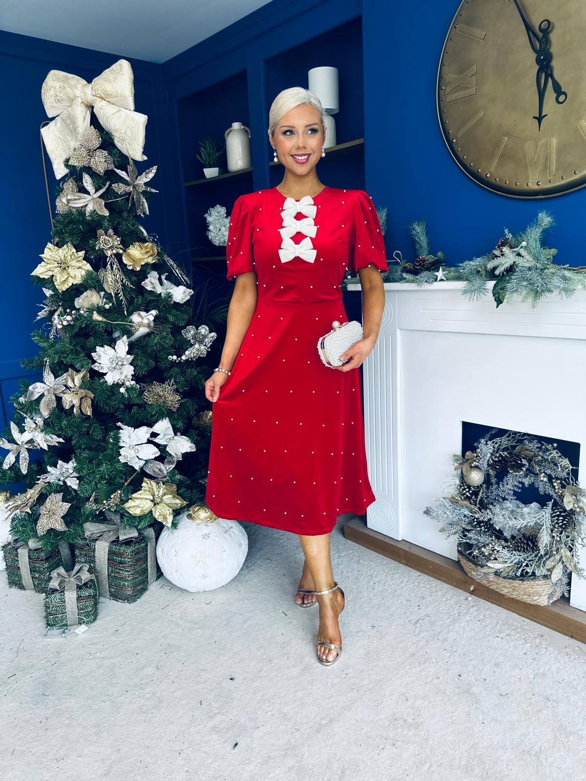 Casey Pearl & Velvet Occasion Dress Red