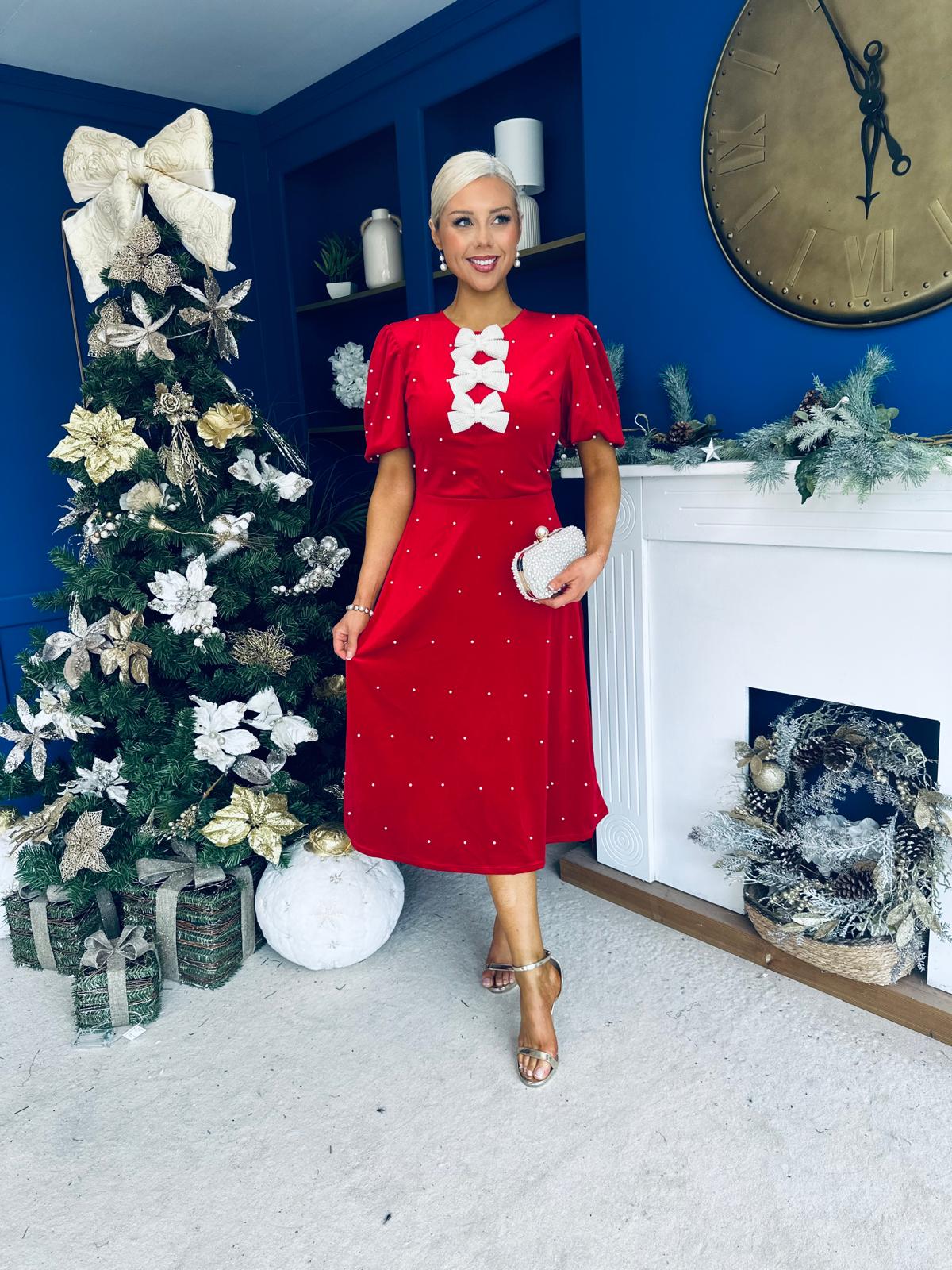 Casey Pearl & Velvet Occasion Dress Red