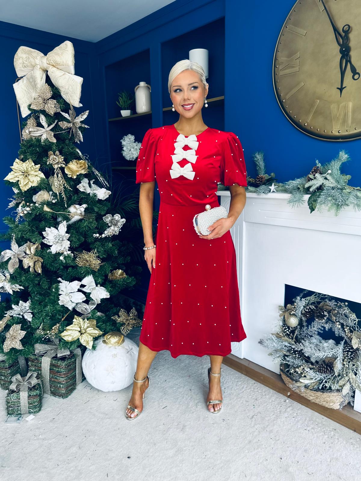 Casey Pearl & Velvet Occasion Dress Red