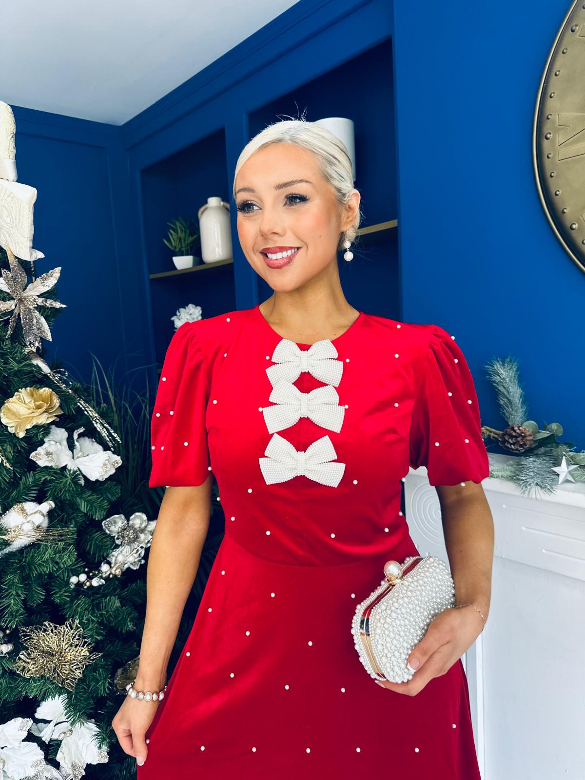 Casey Pearl & Velvet Occasion Dress Red