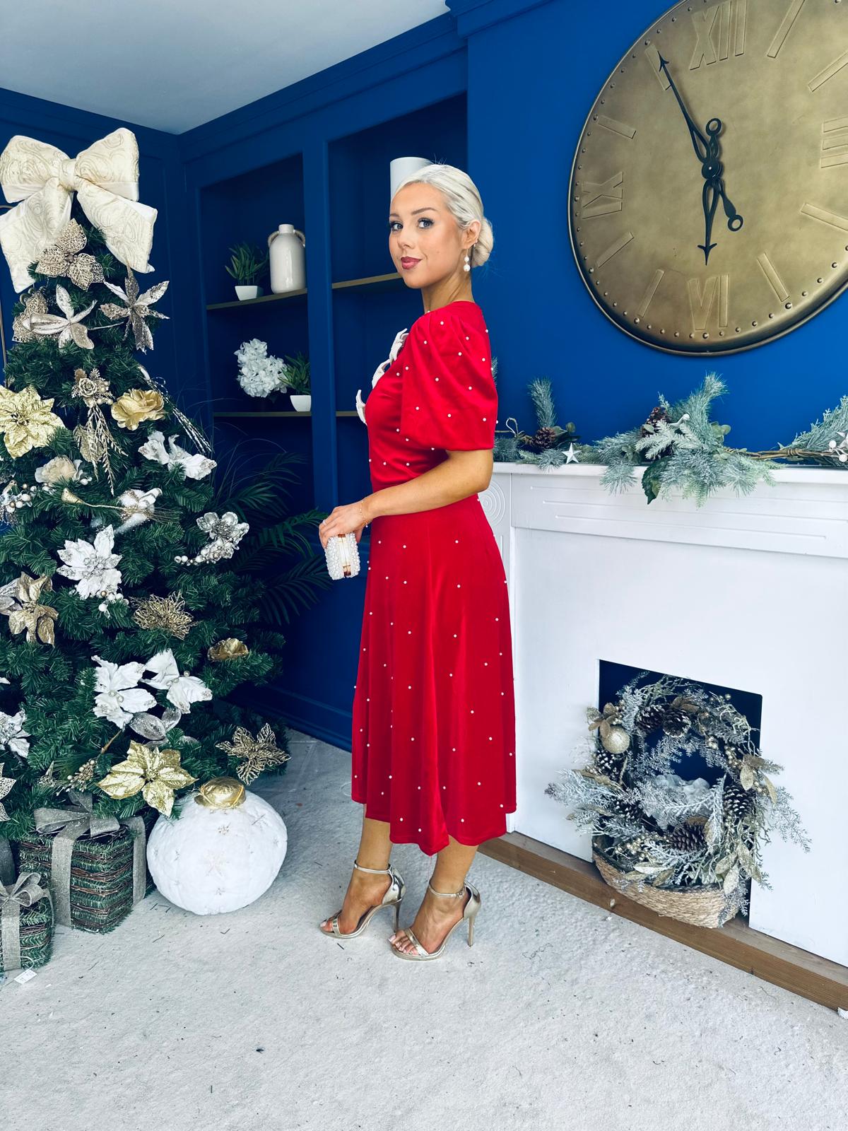Casey Pearl & Velvet Occasion Dress Red
