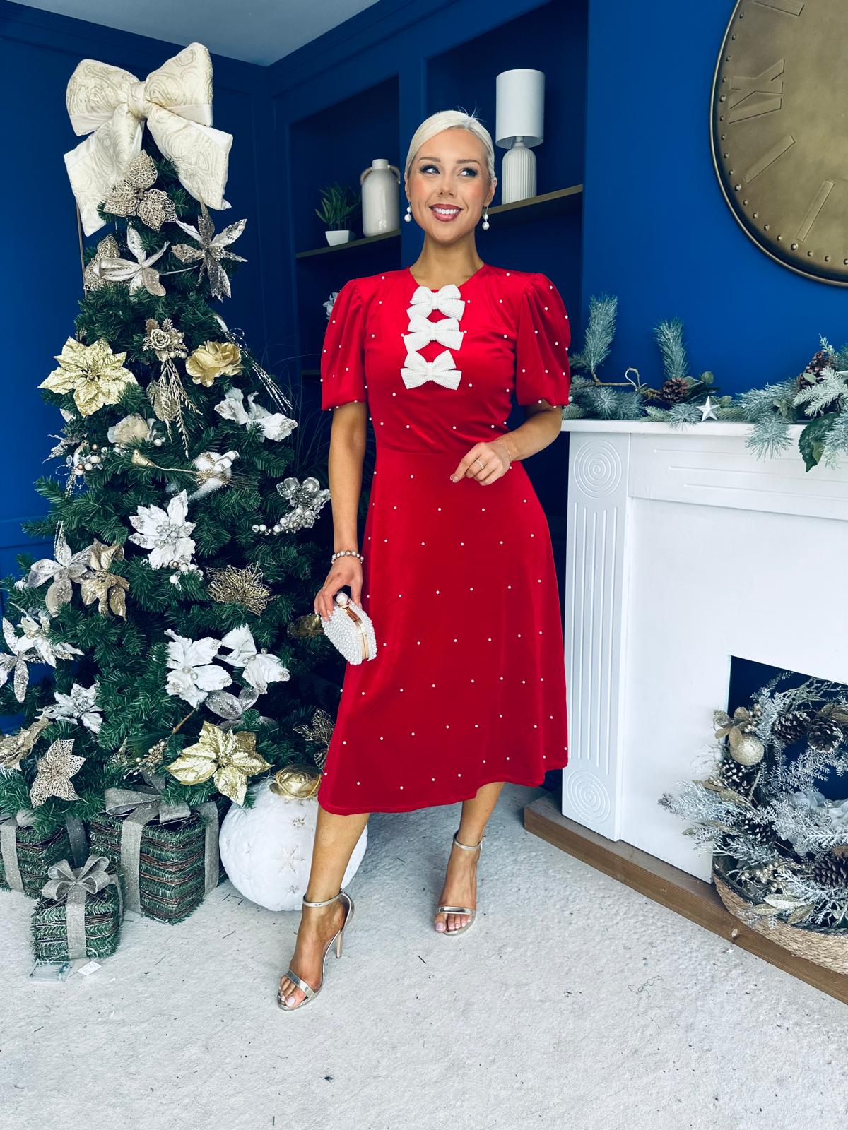 Casey Pearl & Velvet Occasion Dress Red