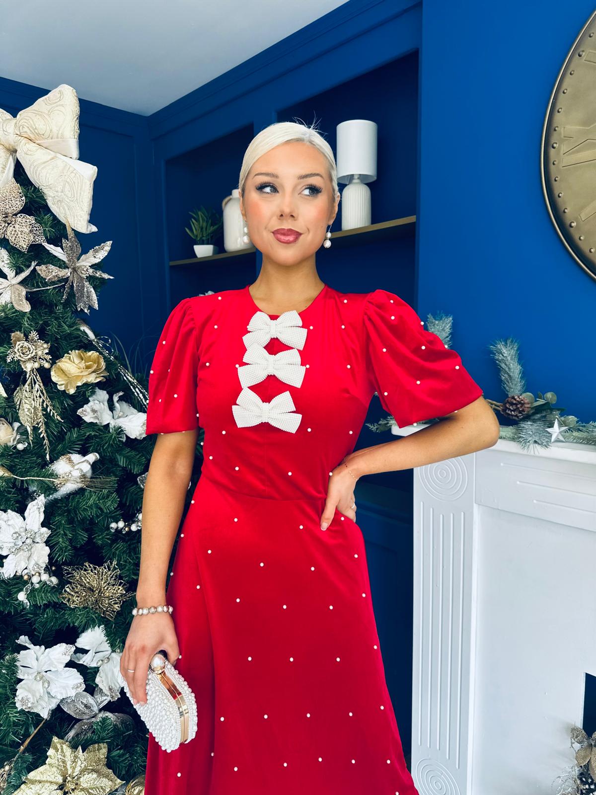 Casey Pearl & Velvet Occasion Dress Red