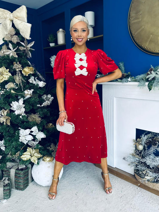 Casey Pearl & Velvet Occasion Dress Red