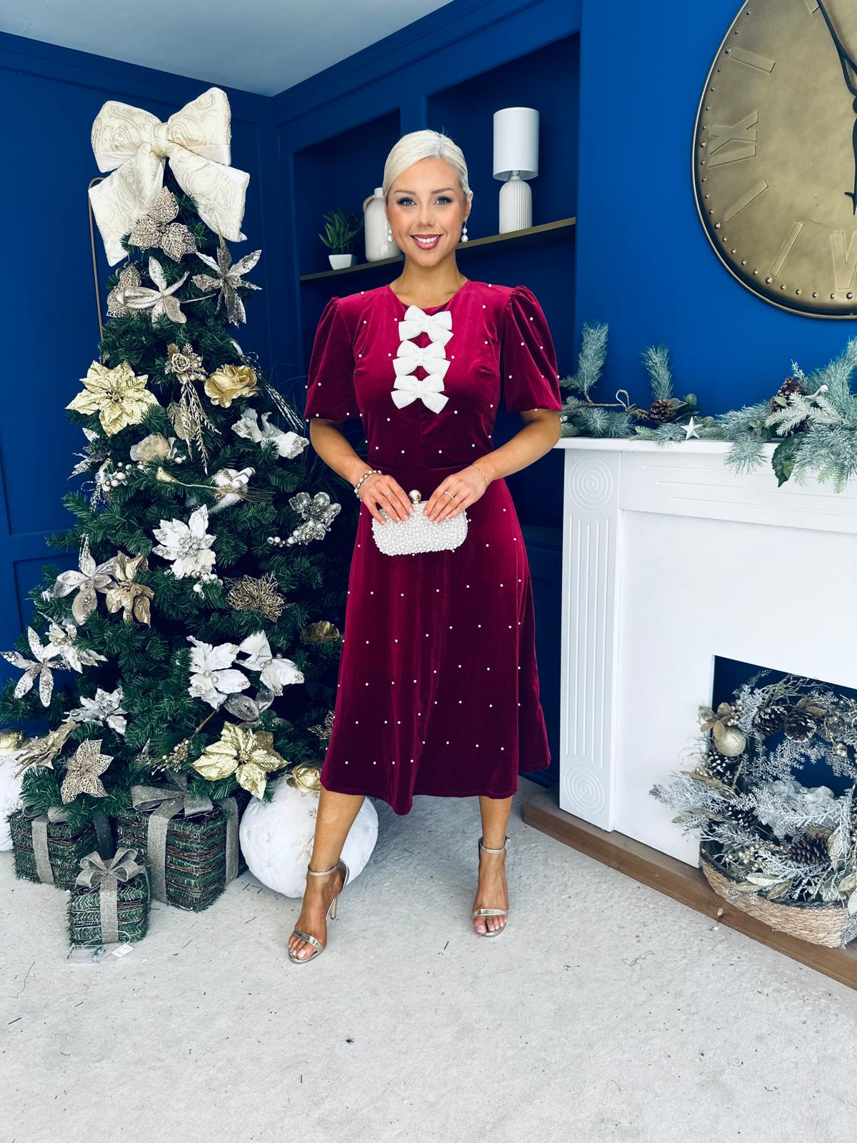 Casey Pearl & Velvet Occasion Dress Wine