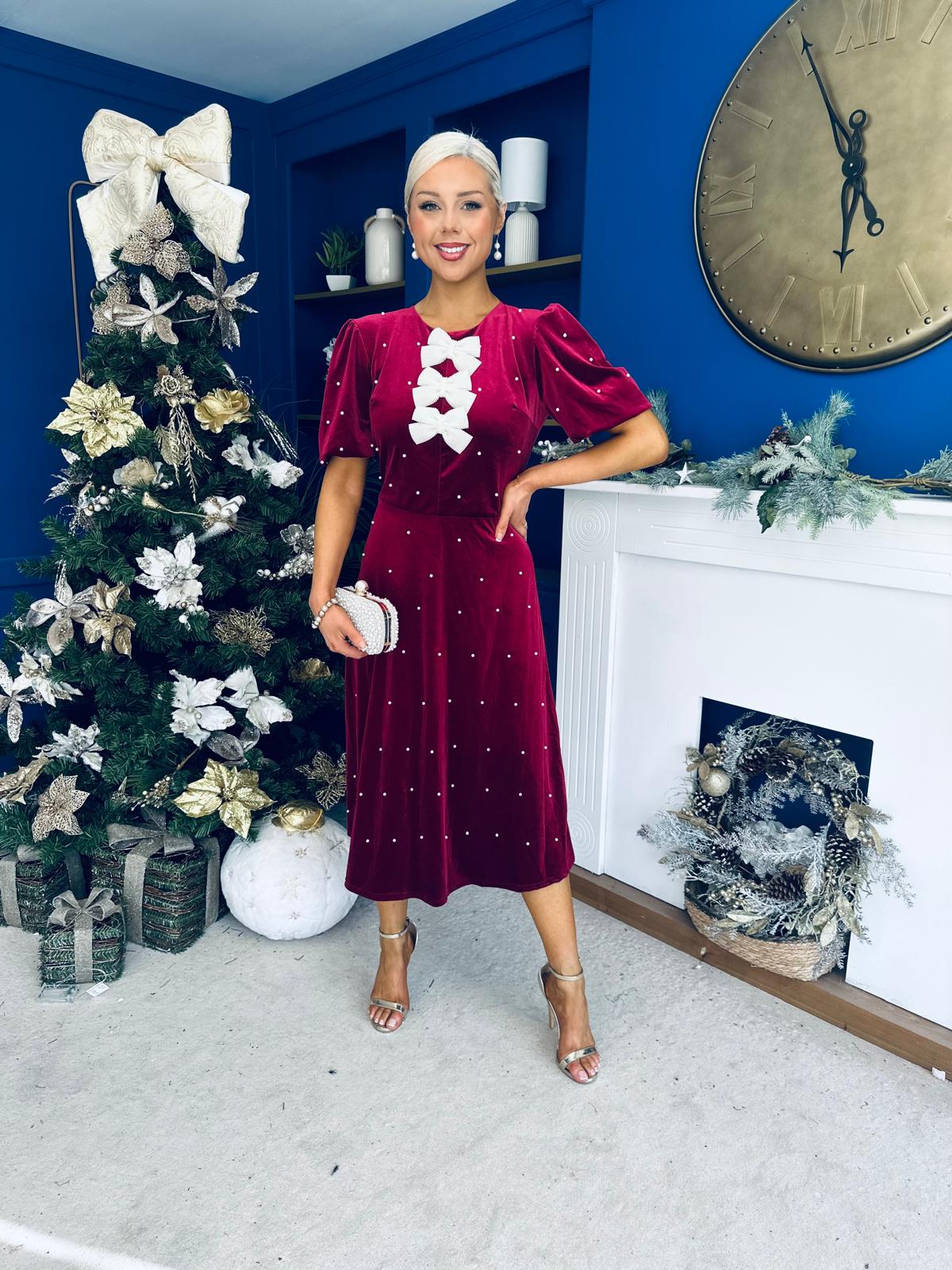 Casey Pearl & Velvet Occasion Dress Wine
