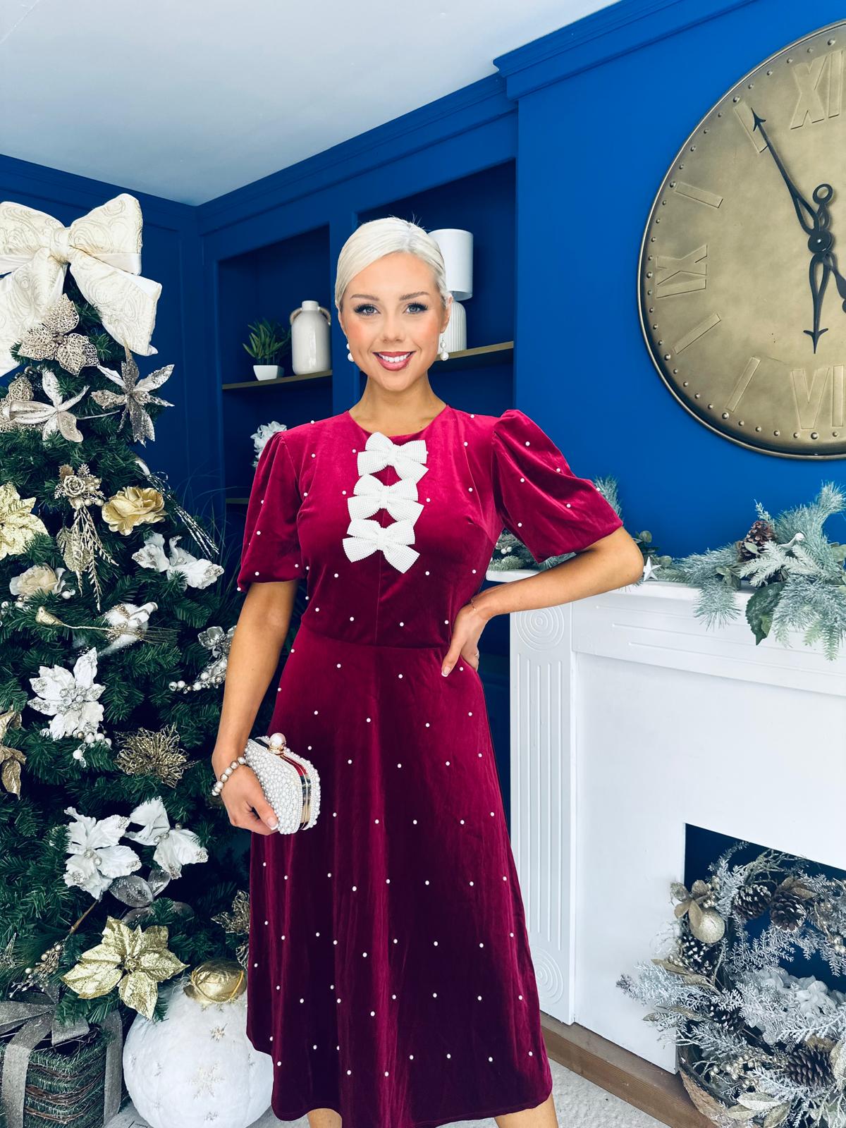 Casey Pearl & Velvet Occasion Dress Wine