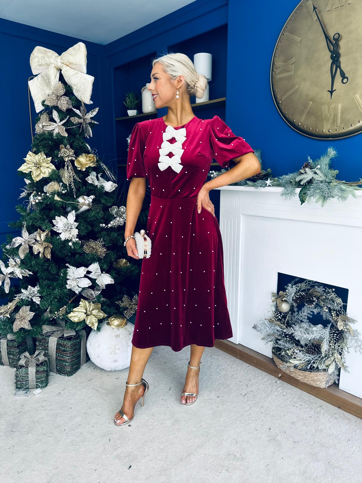 Casey Pearl & Velvet Occasion Dress Wine