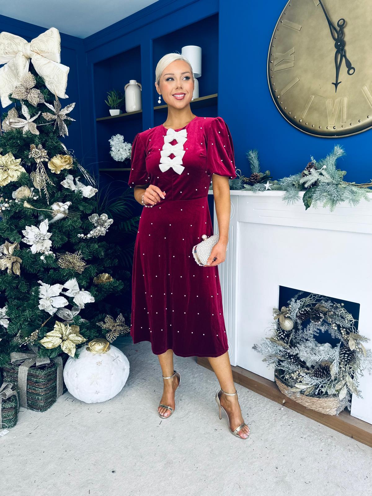 Casey Pearl & Velvet Occasion Dress Wine