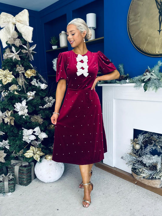 Casey Pearl & Velvet Occasion Dress Wine