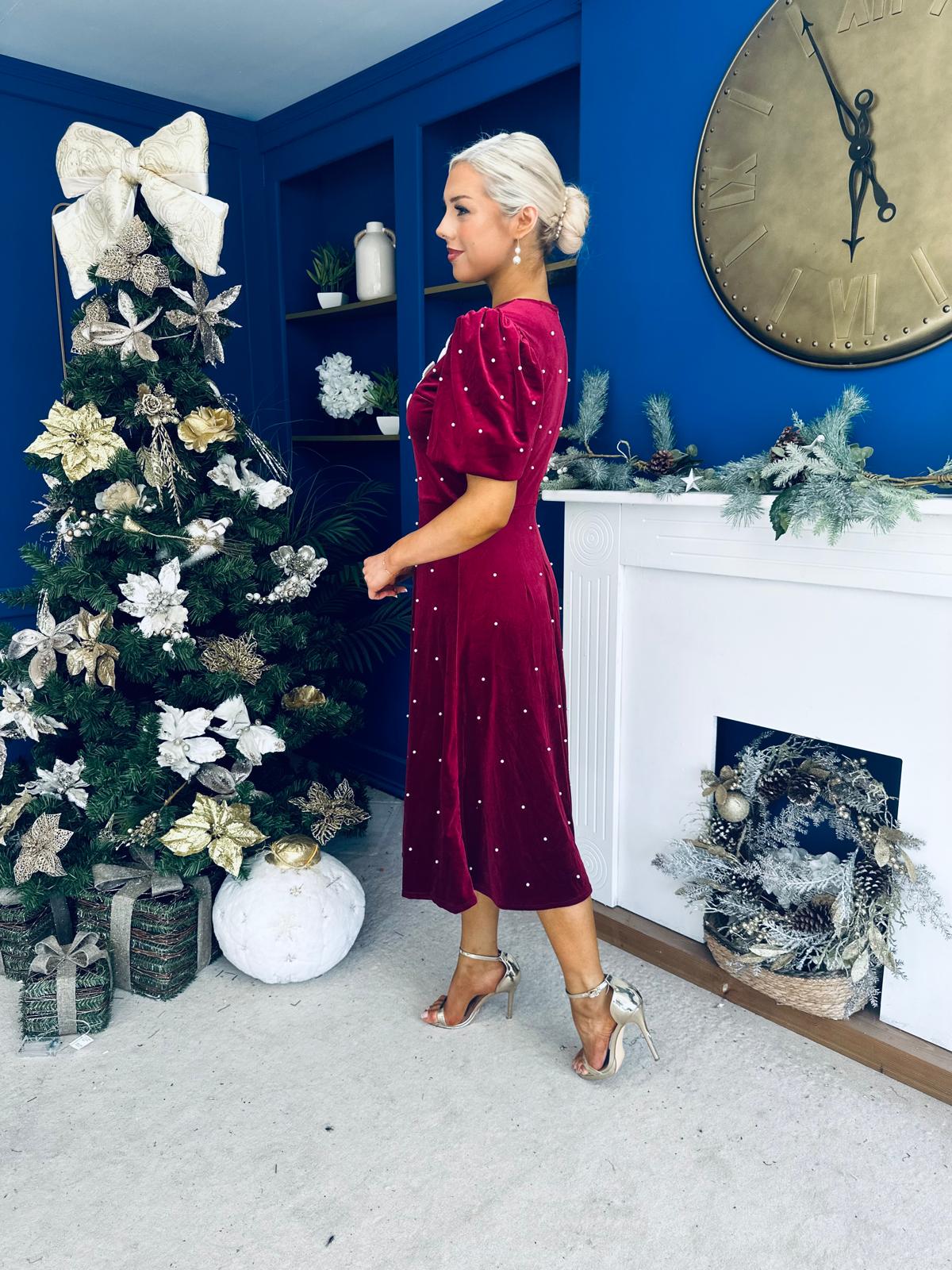 Casey Pearl & Velvet Occasion Dress Wine