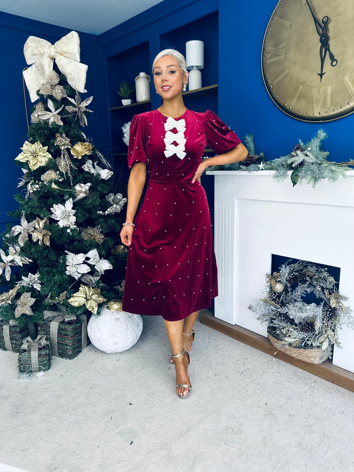 Casey Pearl & Velvet Occasion Dress Wine