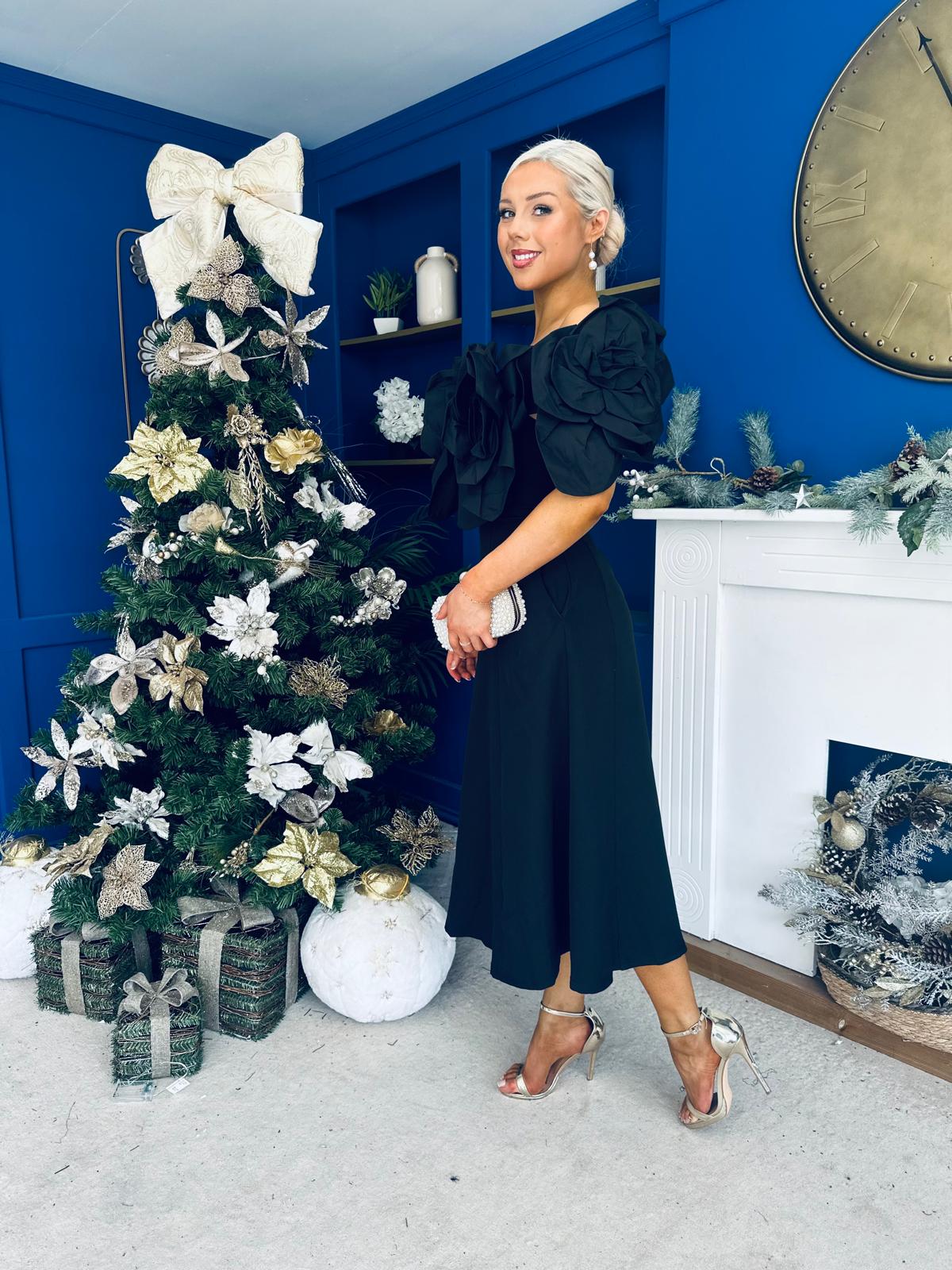 Jackie Floral Bardot Occasion Midi Dress Black