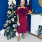 Jackie Floral Bardot Occasion Midi Dress Burgundy