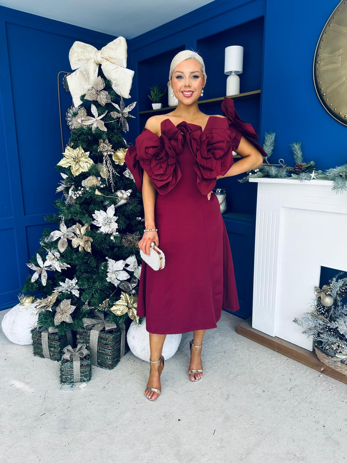 Jackie Floral Bardot Occasion Midi Dress Burgundy