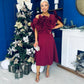 Jackie Floral Bardot Occasion Midi Dress Burgundy