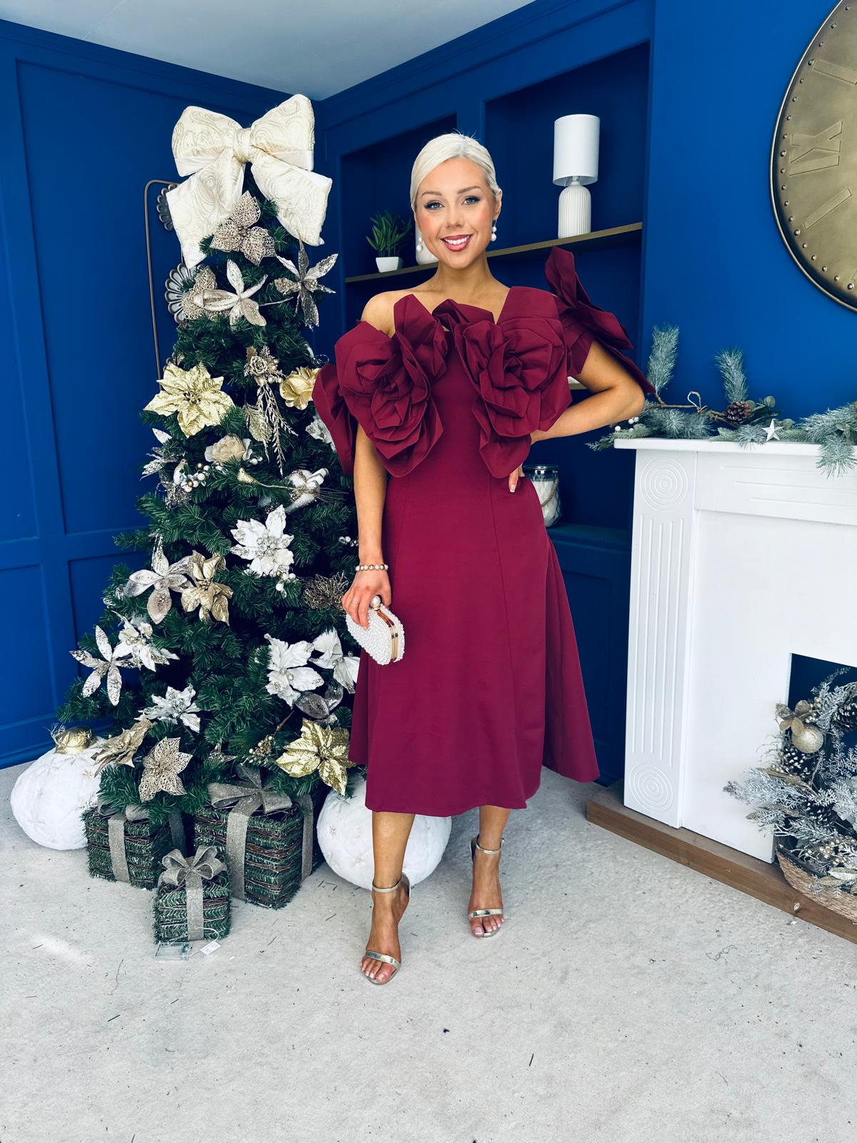 Jackie Floral Bardot Occasion Midi Dress Burgundy