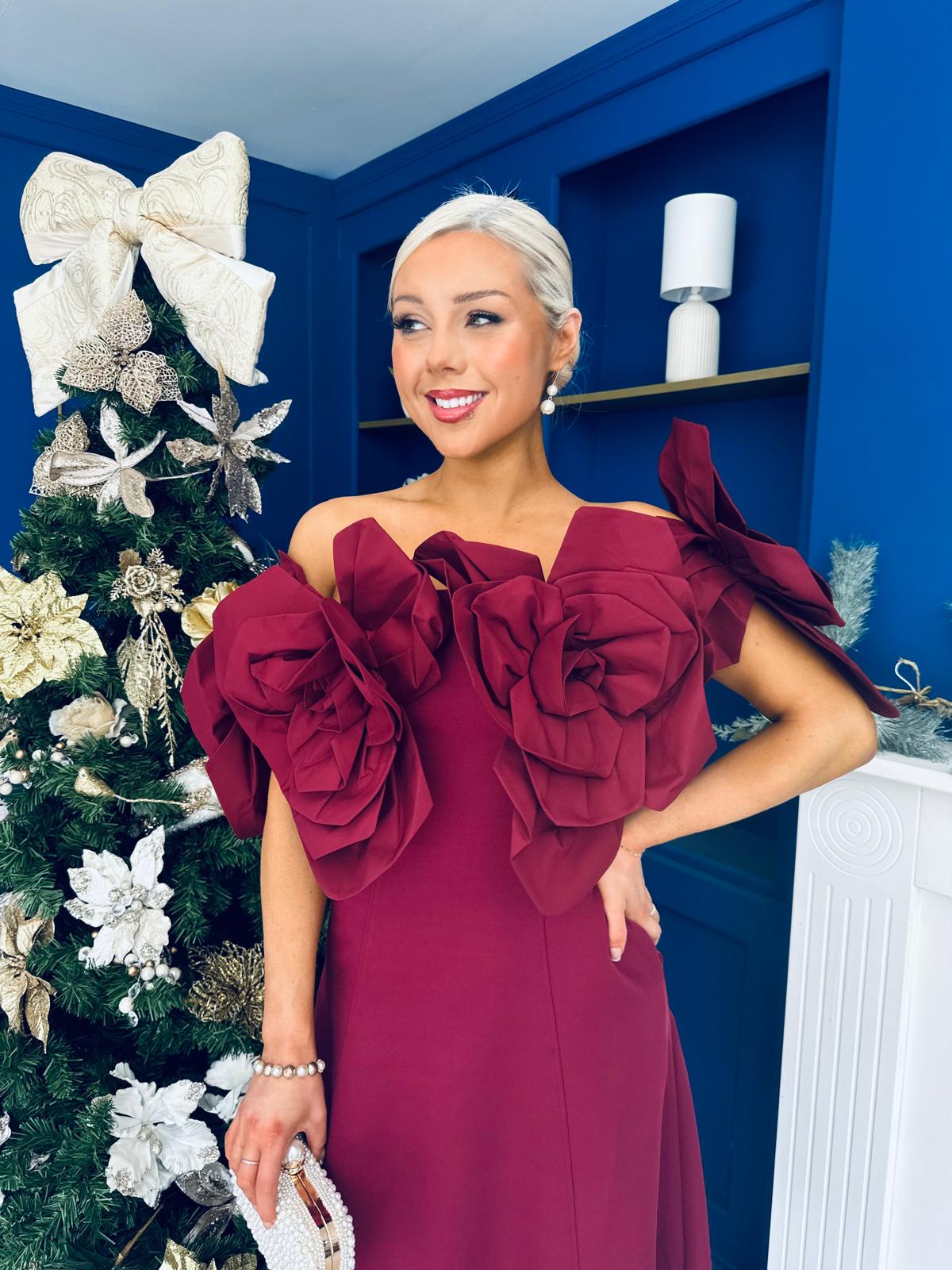 Jackie Floral Bardot Occasion Midi Dress Burgundy