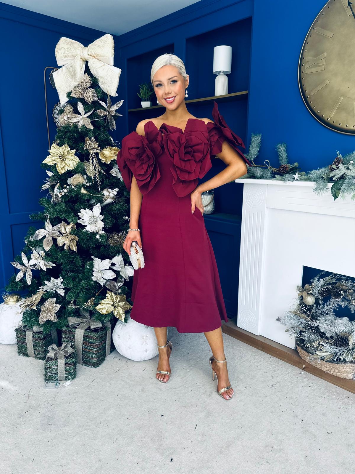 Jackie Floral Bardot Occasion Midi Dress Burgundy