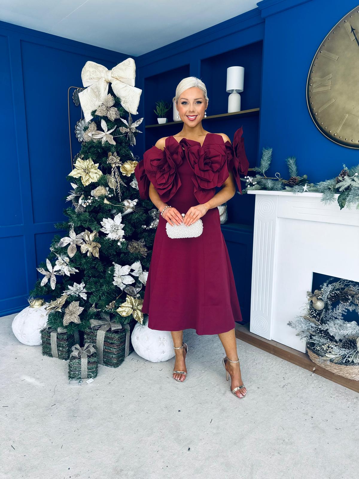 Jackie Floral Bardot Occasion Midi Dress Burgundy