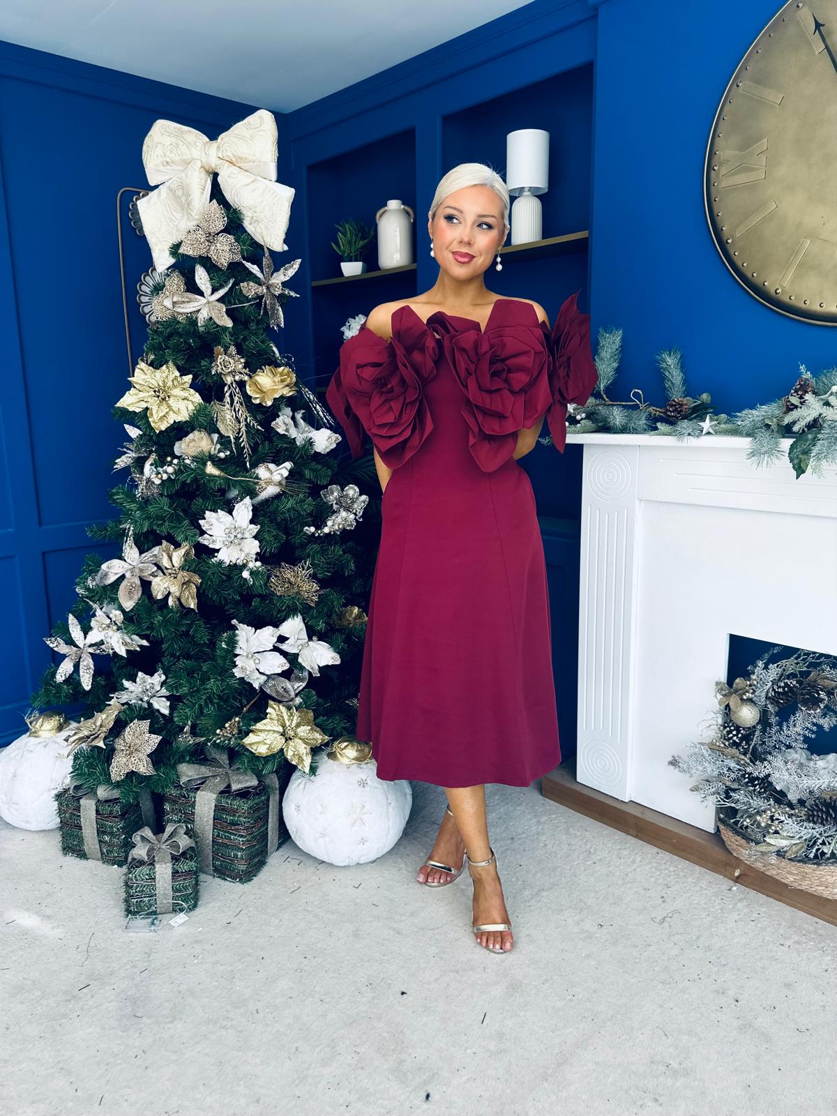 Jackie Floral Bardot Occasion Midi Dress Burgundy