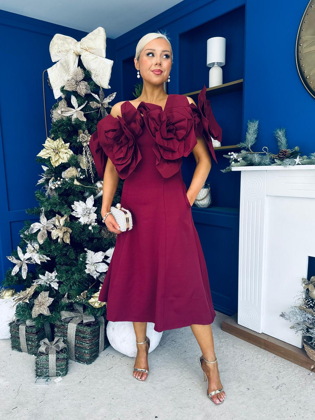 Jackie Floral Bardot Occasion Midi Dress Burgundy