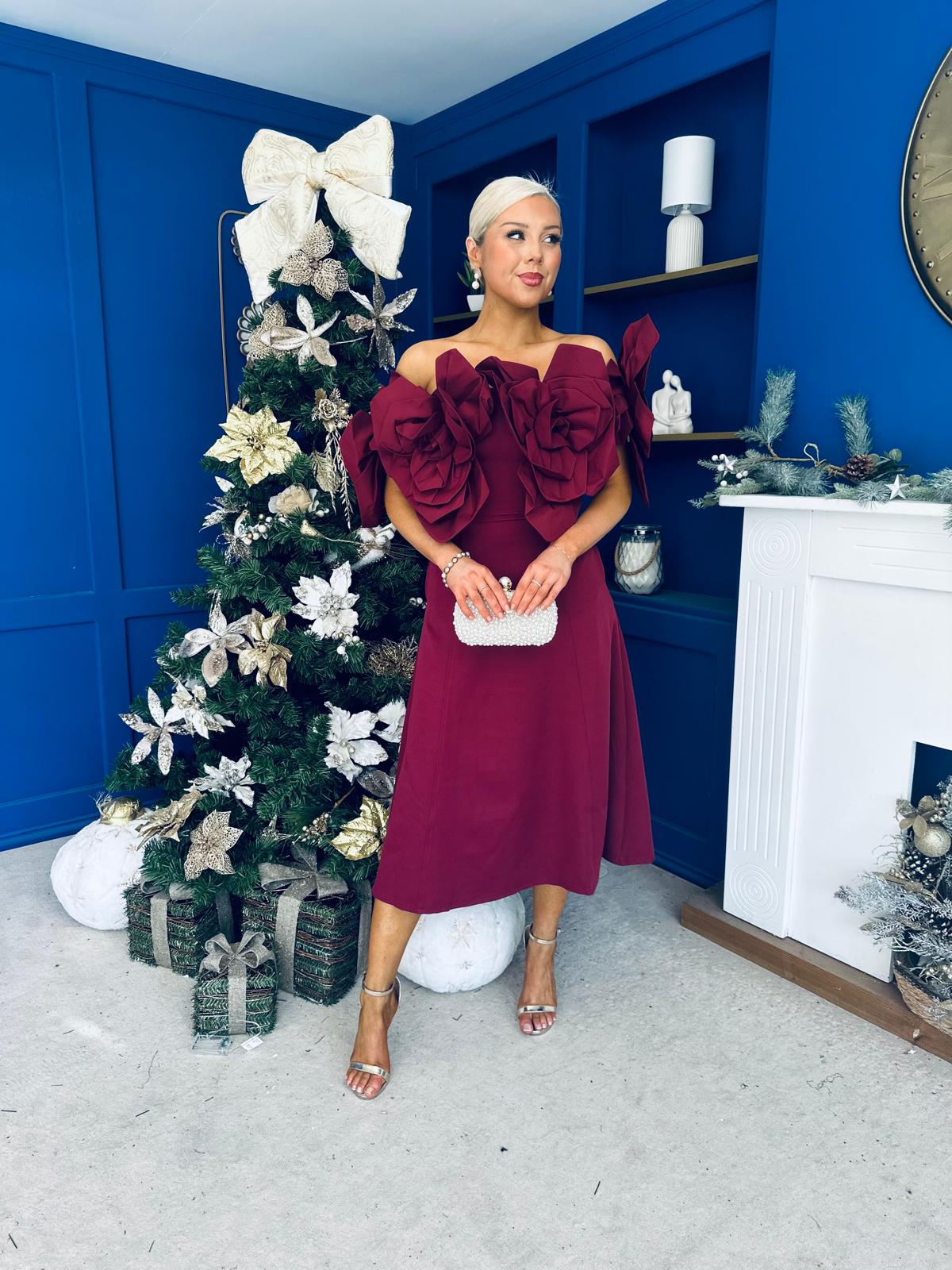 Jackie Floral Bardot Occasion Midi Dress Burgundy