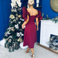 Jackie Floral Bardot Occasion Midi Dress Burgundy
