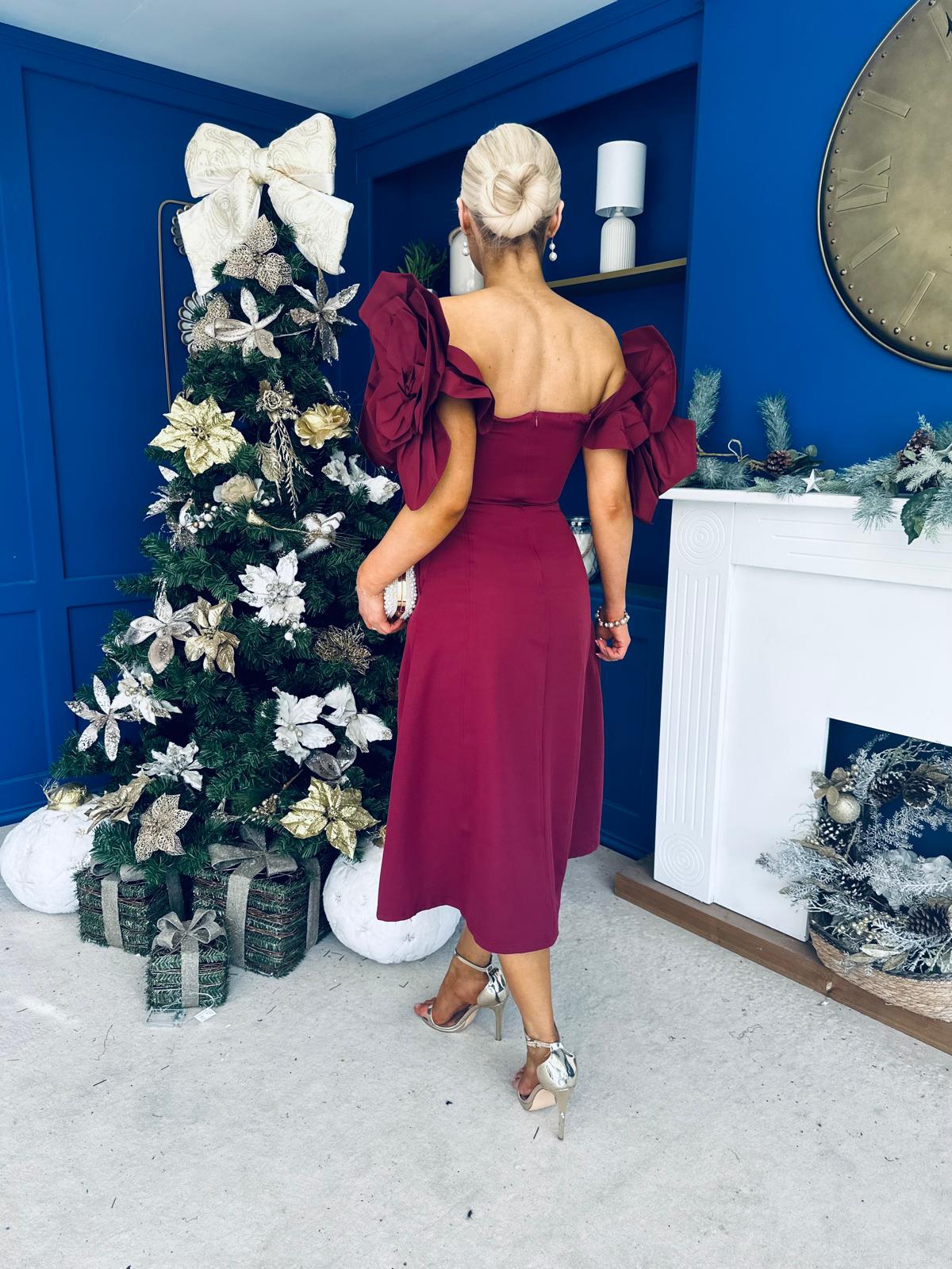 Jackie Floral Bardot Occasion Midi Dress Burgundy