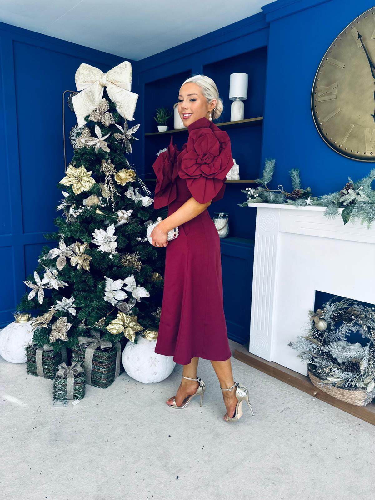 Jackie Floral Bardot Occasion Midi Dress Burgundy